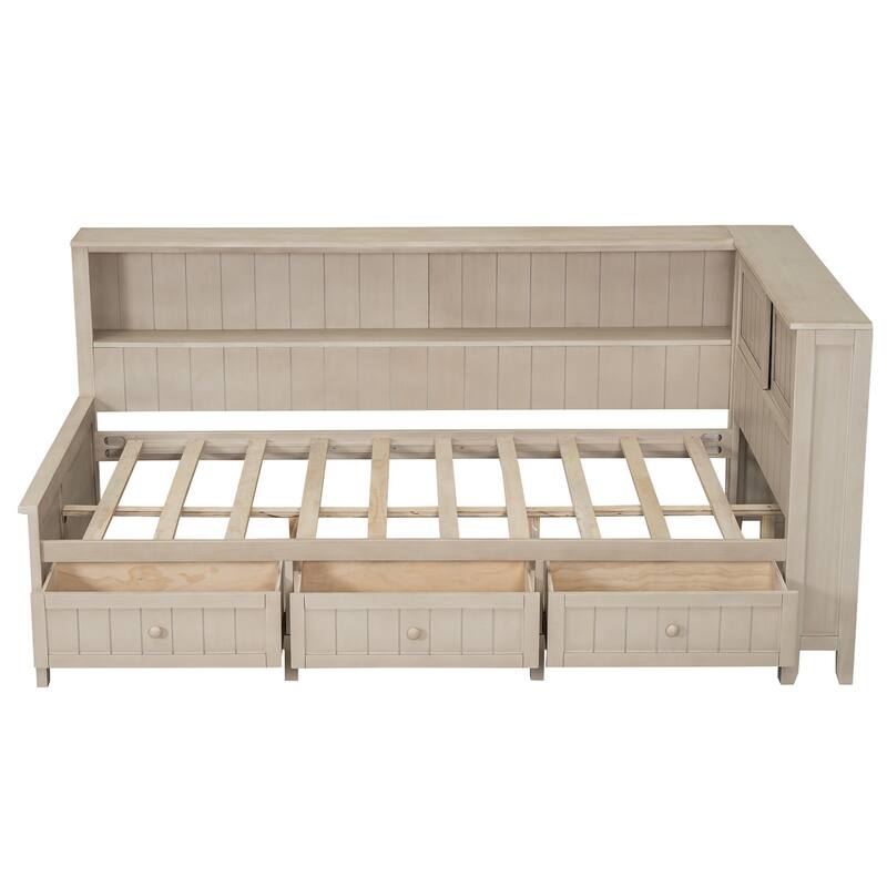 Twin or Full Size Solid Wood Daybed with Storage Shelves and 3 Drawers