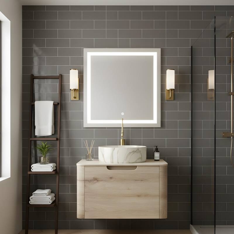 Wall-mounted Bathroom Vanity with Round Vessel Basin - 24 - White Oak+Stone White