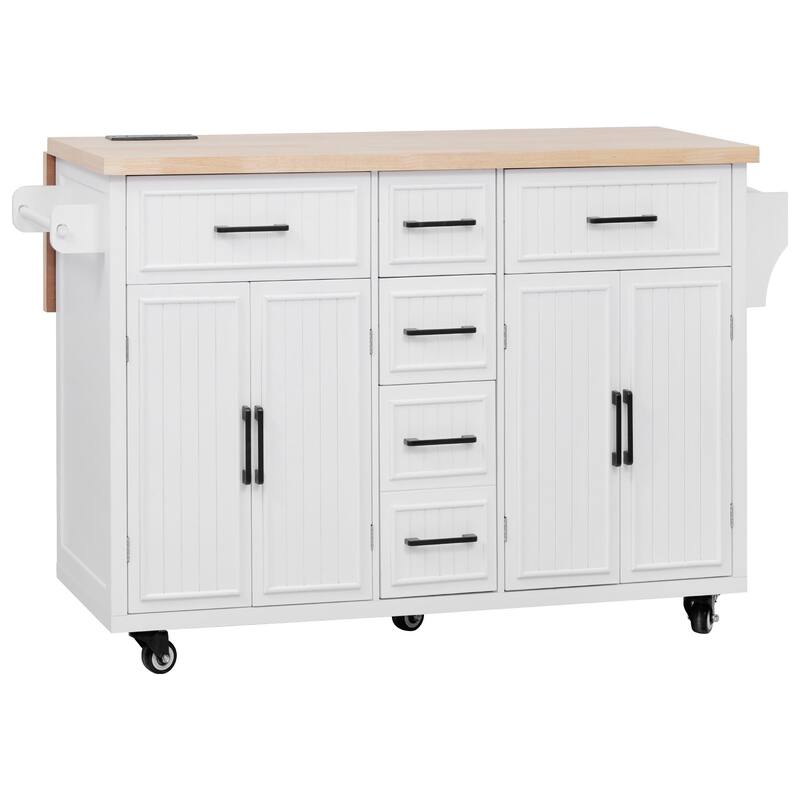 Kitchen Island With Drop Leaf,Power Outlet,With 4 Doors,5 Deep Drawers and Adjustable Shelves - N/A - White
