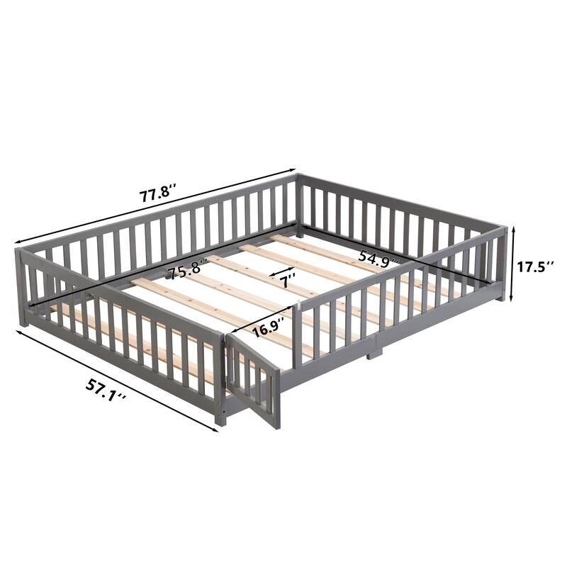 Full Size Pine Wood Floor Bed with Safety Door and Guardrails, Low-Profile Design for Kids, Gray