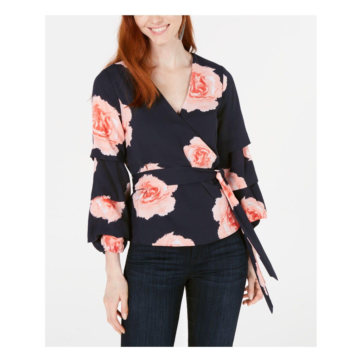 Shop Bar Iii Womens Navy Floral V Neck Wrap Top Size L Overstock
