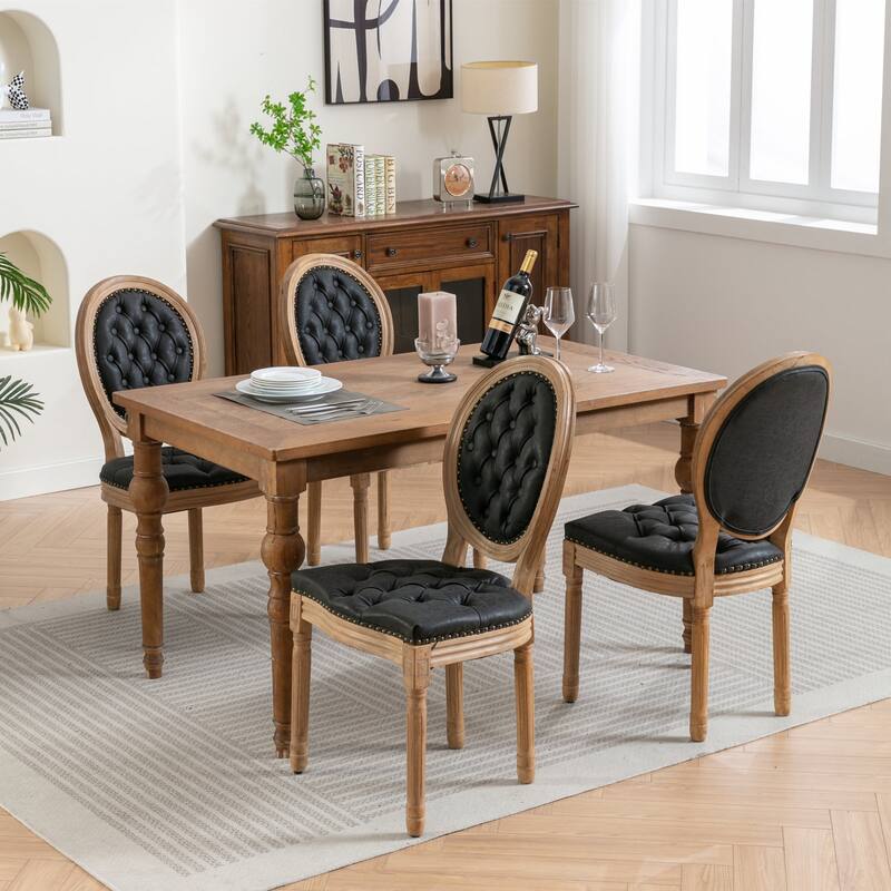 Mid-century Modern Dining Chairs Set of 4, PU Leather High-end Tufted Dining Room Chair with Nailhead Trim Solid Wood Legs - Black