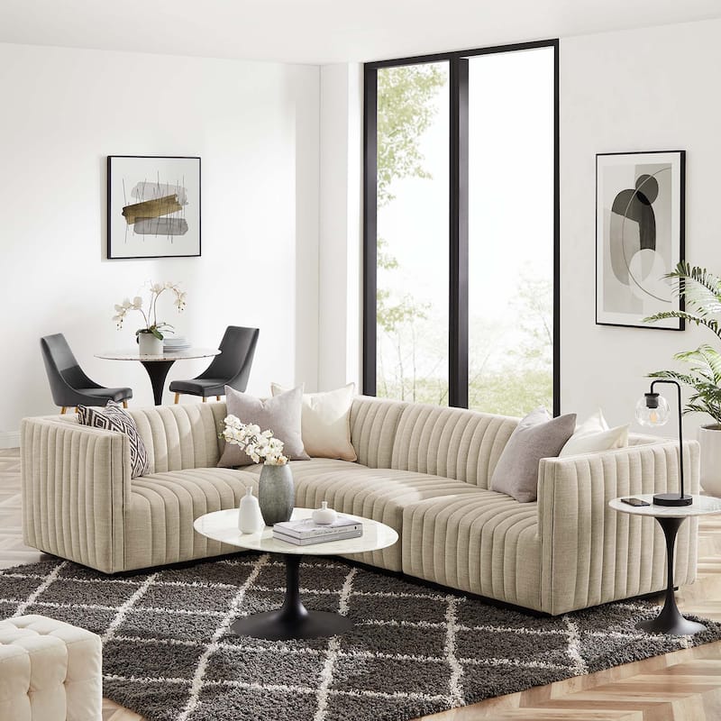 Conjure Channel Tufted Upholstered Fabric 4-Piece L-Shaped Sectional - Black Beige