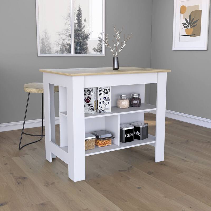 Kitchen Island, kitchen table 35" H, Four Legs, Three Open Storage Shelves