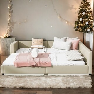 Beige Queen Size & Twin XL Upholstered Platform Bed Mother & Child Bed