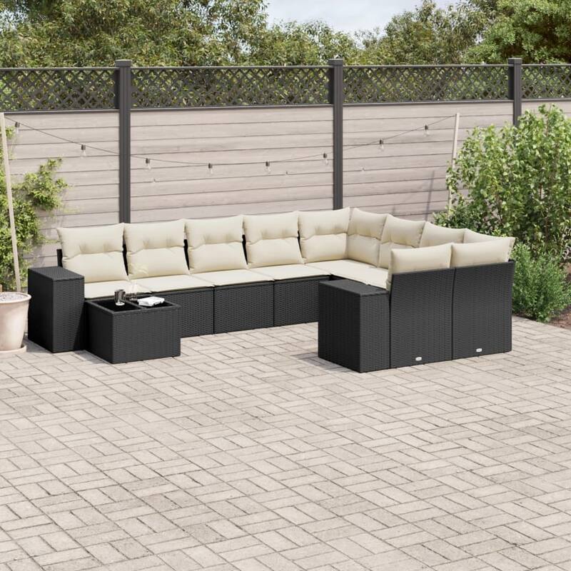 vidaXL Patio Sofa Set with Cushions Outdoor Furniture 10 Piece Poly Rattan - Black and cream - 21.7 x 21.7 x 14.6 in