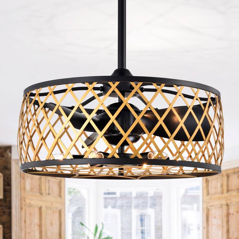 25 Inch Matte Black and Gold cage Finish Ceiling Lighted Fandelire with Remote