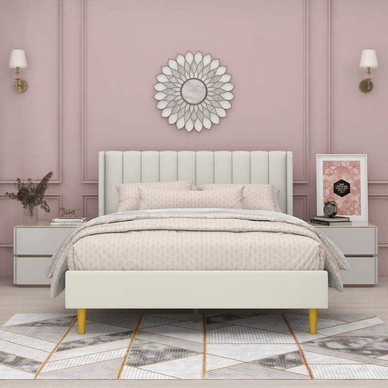 Modern Velvet Upholstered Platform Bed Frame with Padded Headboard and Wooden Slats - Cream - Queen