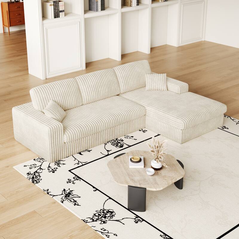 L-Shaped Sectional Sofa with Chaise Lounge, Corduroy Modular Foam Sofa, Upholstered Sofa with 2 Cushion & 2 Throw Pillows