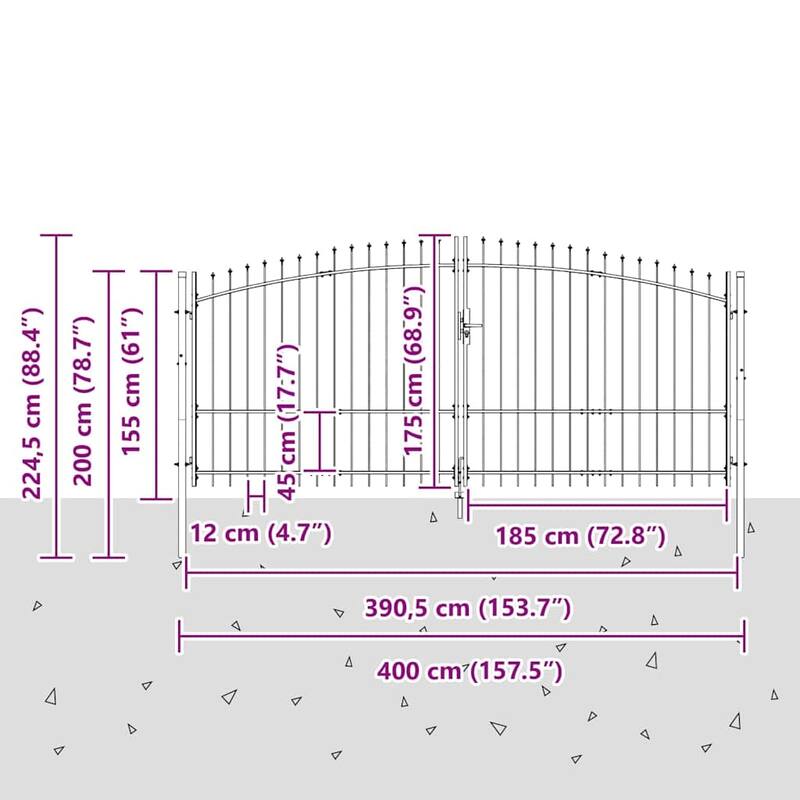 vidaXL Double Gate with Lock Grey 400 x 199.5 cm Steel