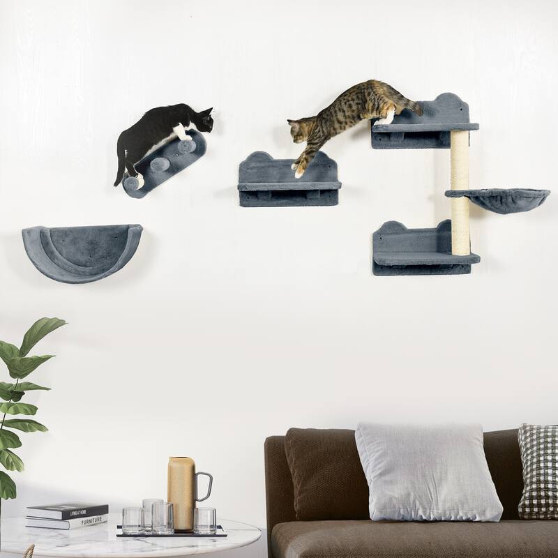 PawHut Cat Wall Shelves, 4 Pcs Cat Wall Furniture Cat Climbing Shelf with Cat Hammock, 3 Steps, Perches, Scratching Postfor