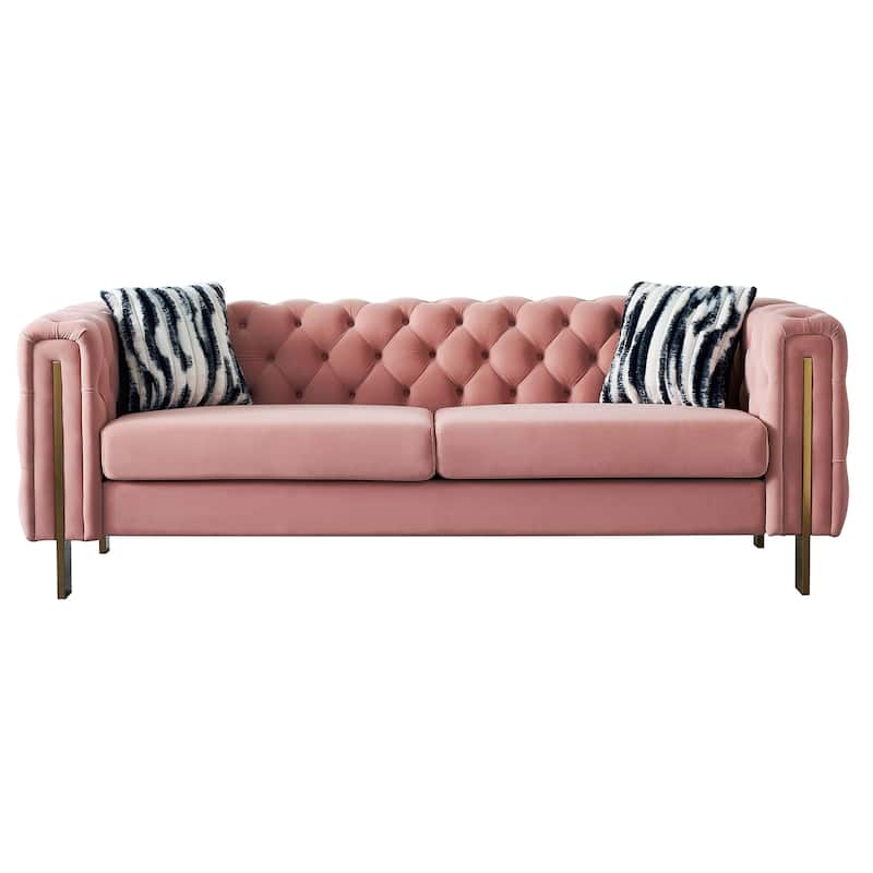 84.25" Luxurious Tufted Velvet Upholstered 3-Seater Sofa with Golden Metal Armrest Design and Buttoned Tufted Backrest
