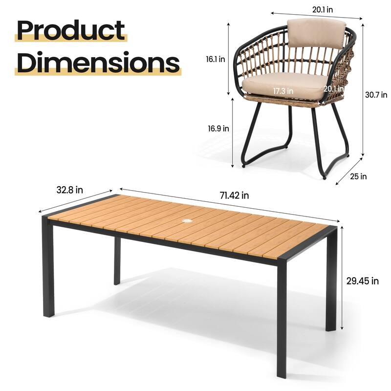 7-Piece Outdoor Patio Dining Set Wood Like Table Top Aluminum Rectangular Umbrella Hole Table with Rattan Chairs