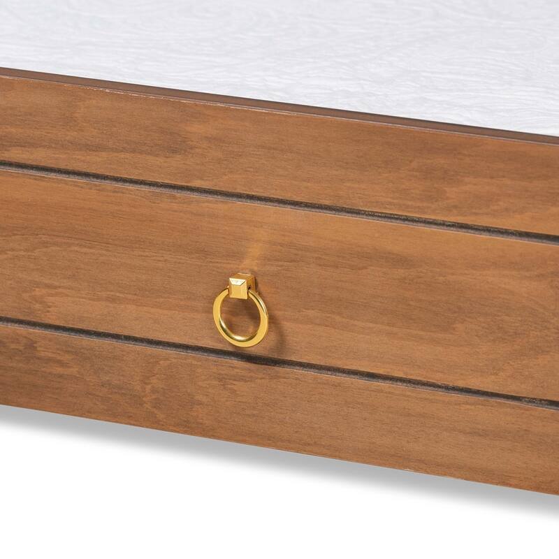 Twin Size Wooden Trundle Bed Frame with Walnut Brown and Gold Tone Metal Ring Pulls