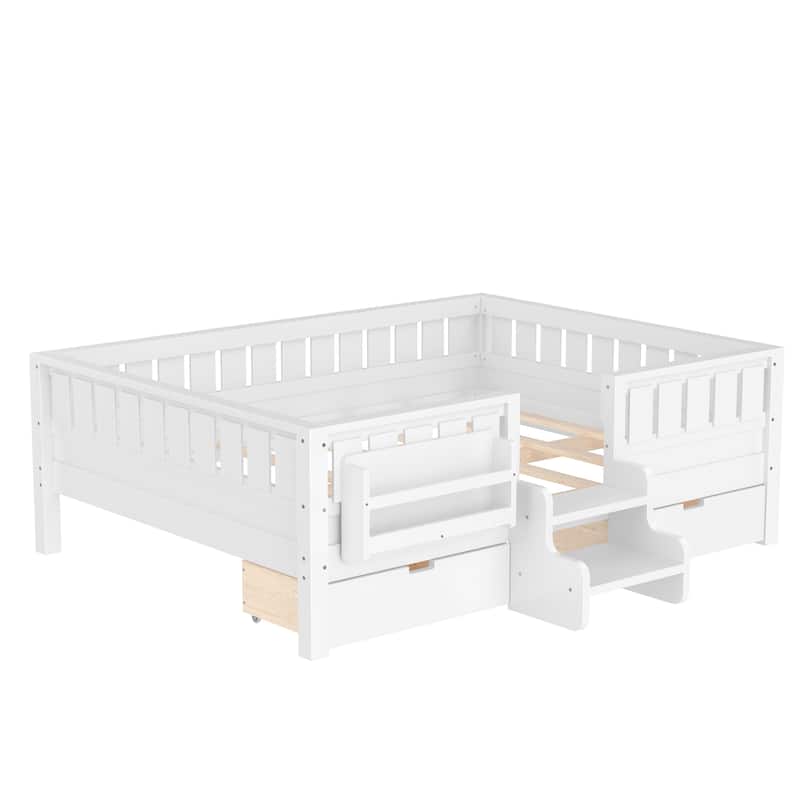 Multiple Colors Toddler Montessori Bed Children's Platform Bed with Low Profile Stairs, Built-in Bookshelf and Storage Drawers