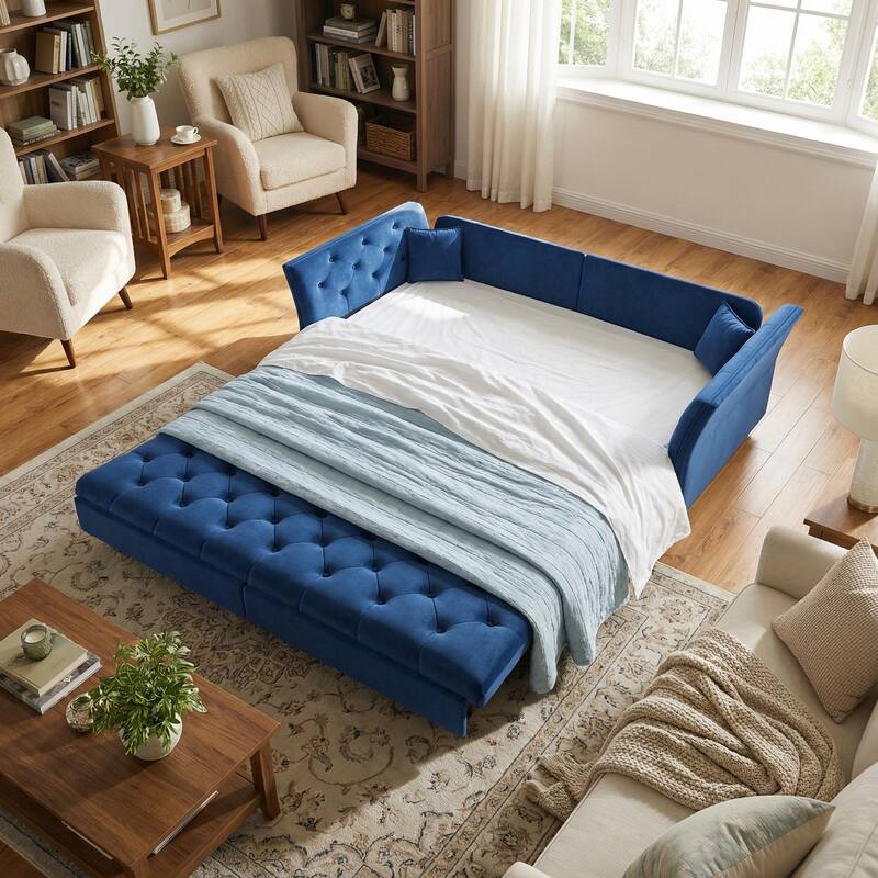 Homy Casa 100"/74" Oversize 4-Seater Convertible Pull Out Sofa Bed with Flower Tufted Velvet - 3-Blue