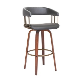 Maya 31 Inch Swivel Barstool Chair, Gray Faux Leather, Bronze, Walnut ...