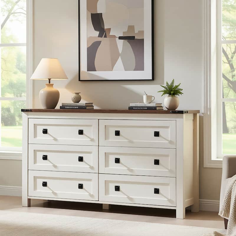 Wood 6 Drawers Dresser, Rustic Chest of Drawers for Bedroom - White