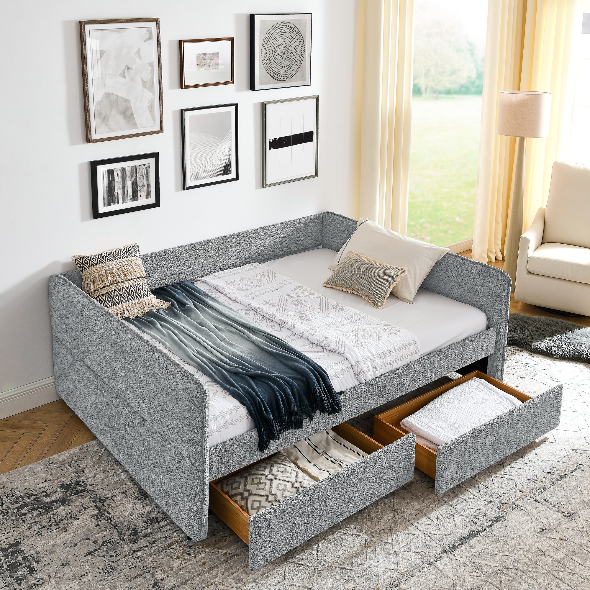 Queen Size Boucle Upholstered Daybed with Trundle & 2 Drawers - 500LB Capacity