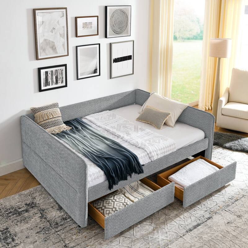 Roomfitters Queen Boucle Daybed with Trundle, Two Storage Drawers and Upholstered Sofa Bed Frame