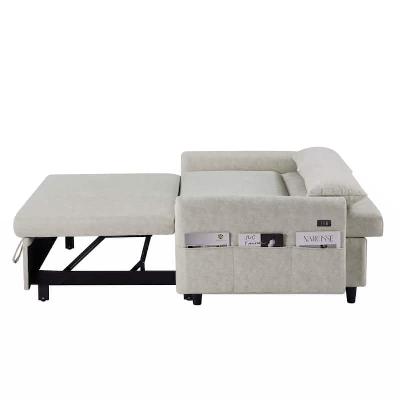 55.1" Pull Out Sleep Sofa Bed Loveseats Sofa Couch with Adjsutable Backrest,Storage Pockets,2 Soft Pillows,USB Ports,Beige