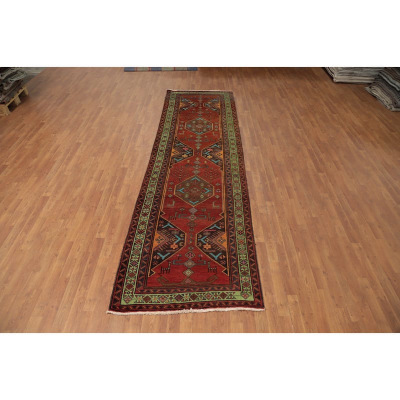 Hand Knotted Oriental 100% Wool Carpet Traditional Tribal Oranges & Rust Heriz Runner Rug - 12' 5'' X 3' 6''