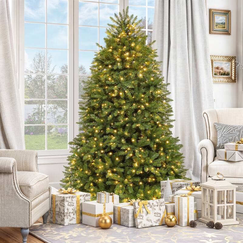 Artificial Full Christmas Tree, 6ft Pre-Lit Christmas Tree with 8 Light-Modes, Includes Stand, Green Bell - 6 Foot