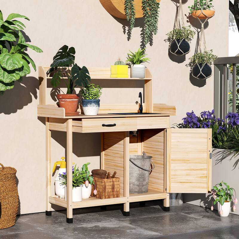 Outsunny Potting Bench Table with Faucet, Sink, Hooks and Storage Cabinet, Outdoor Prep Table Gardening Bench