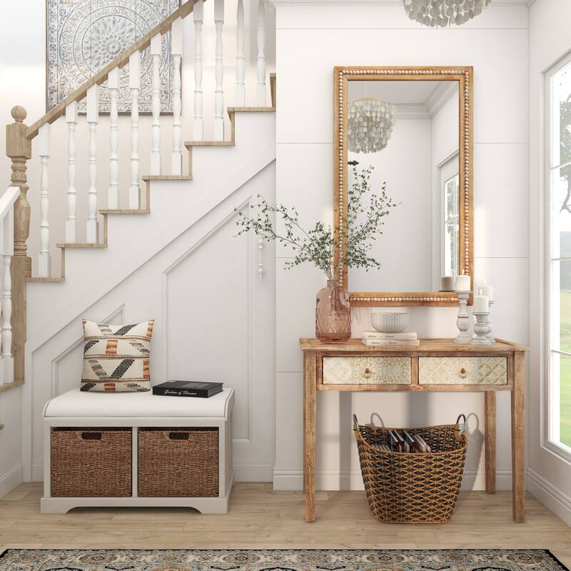 Contemporary Wood Distressed Wall Mirror with Beaded Detailing - Brown or White