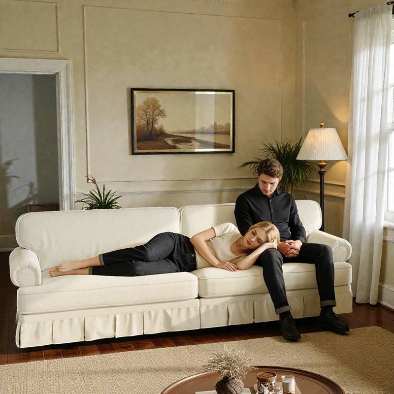 74" Luxury 3 Seater Cloud Couch with Deep Seat, Fabric Sofa with Rolled Arms and Pleated Skirt for Apartment