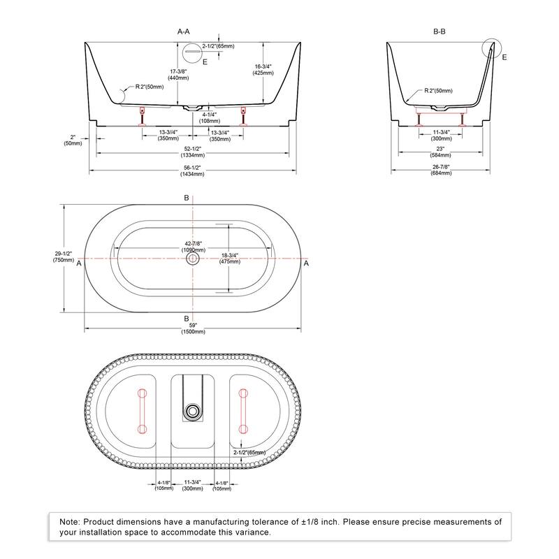 Repose 59" Fluted Acrylic Soaking Tub - Oval - 29D x 59W x 23H