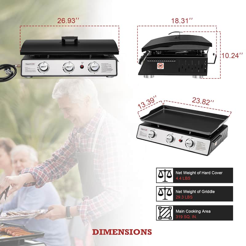 Royal Gourmet 3-Burner Portable Tabletop Gas Grill Griddle with Top Hard Cover