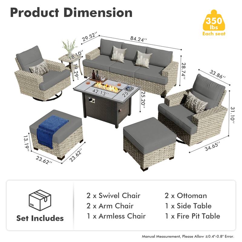 HOOOWOOO 9-piece Wicker Patio Furniture Swivel Rocking Chair Set with Fire Pit