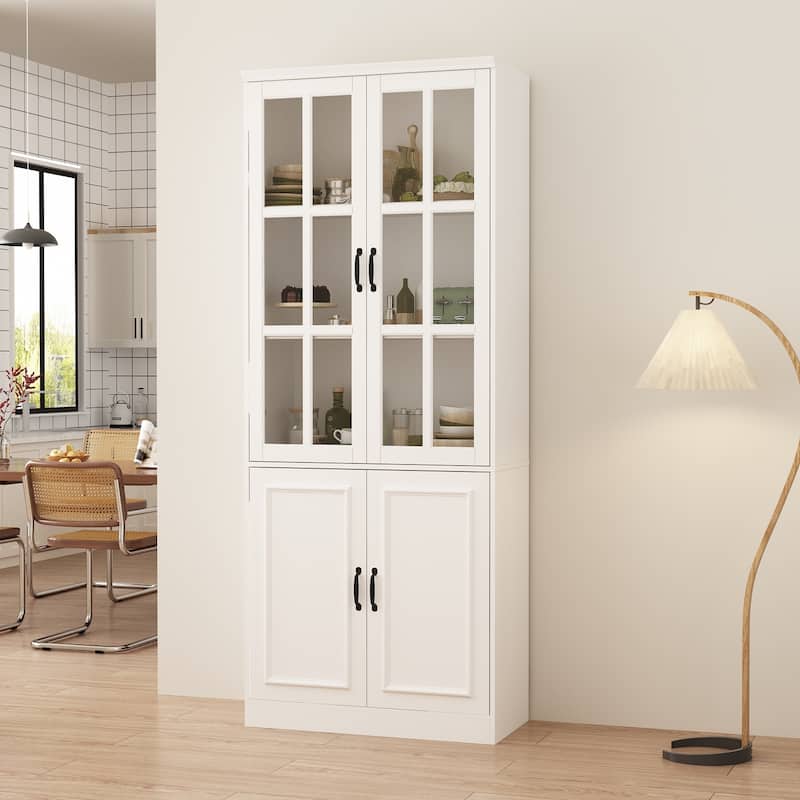 78.7"H Combo Buffet Sideboard White Curio Bookcase Cabinet Glass Door