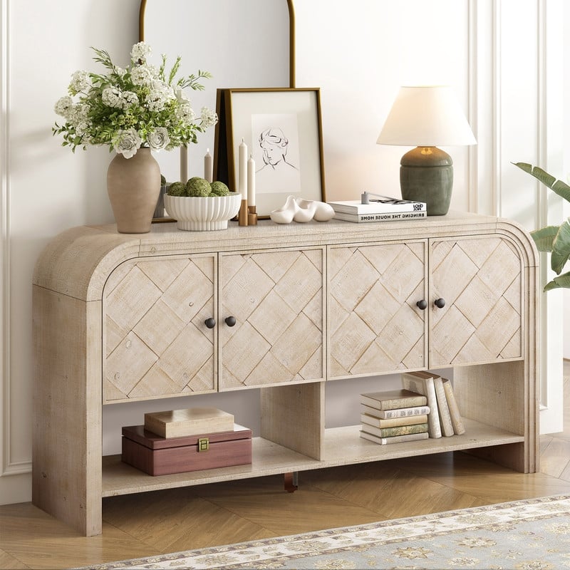 Versatile 60" Console Table with Woven Wood Slats and Solid Wood Veneer for Entryway or Living Room