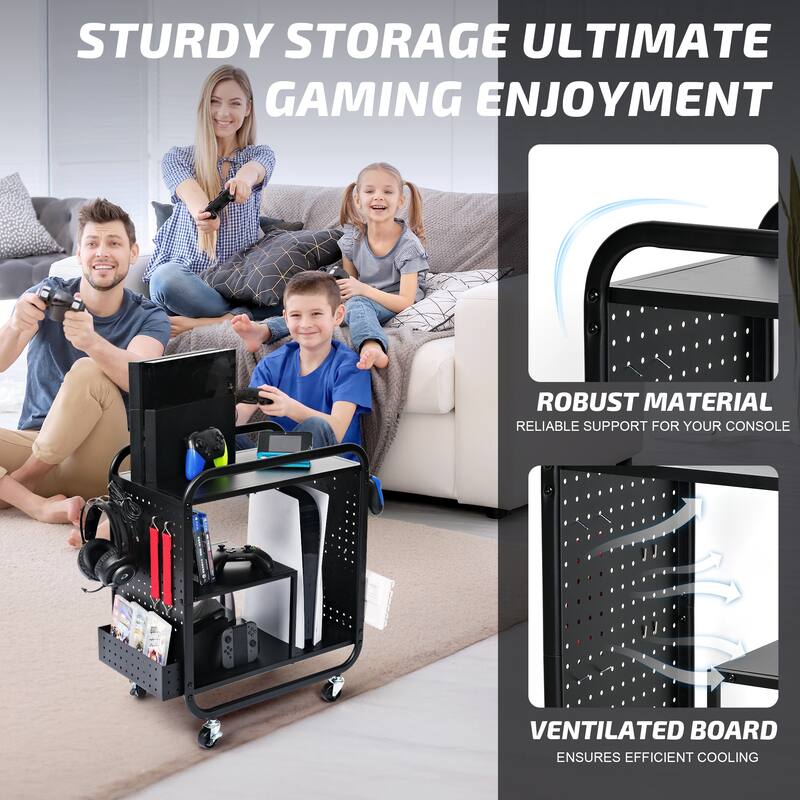 Gaming Organizer Cart with Multi-Level Storage and Wheels