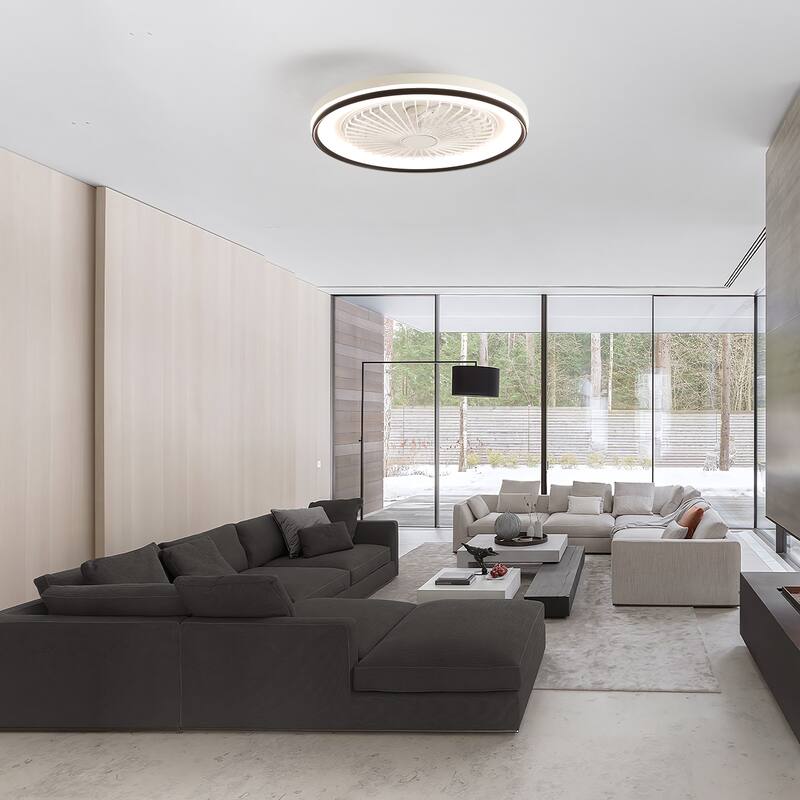 19 Inch RGB Dimmable Led Enclosed Ceiling Fan with Light Flush Mount Bladeless 6 Speed Remote Control for Bedroom Party - White