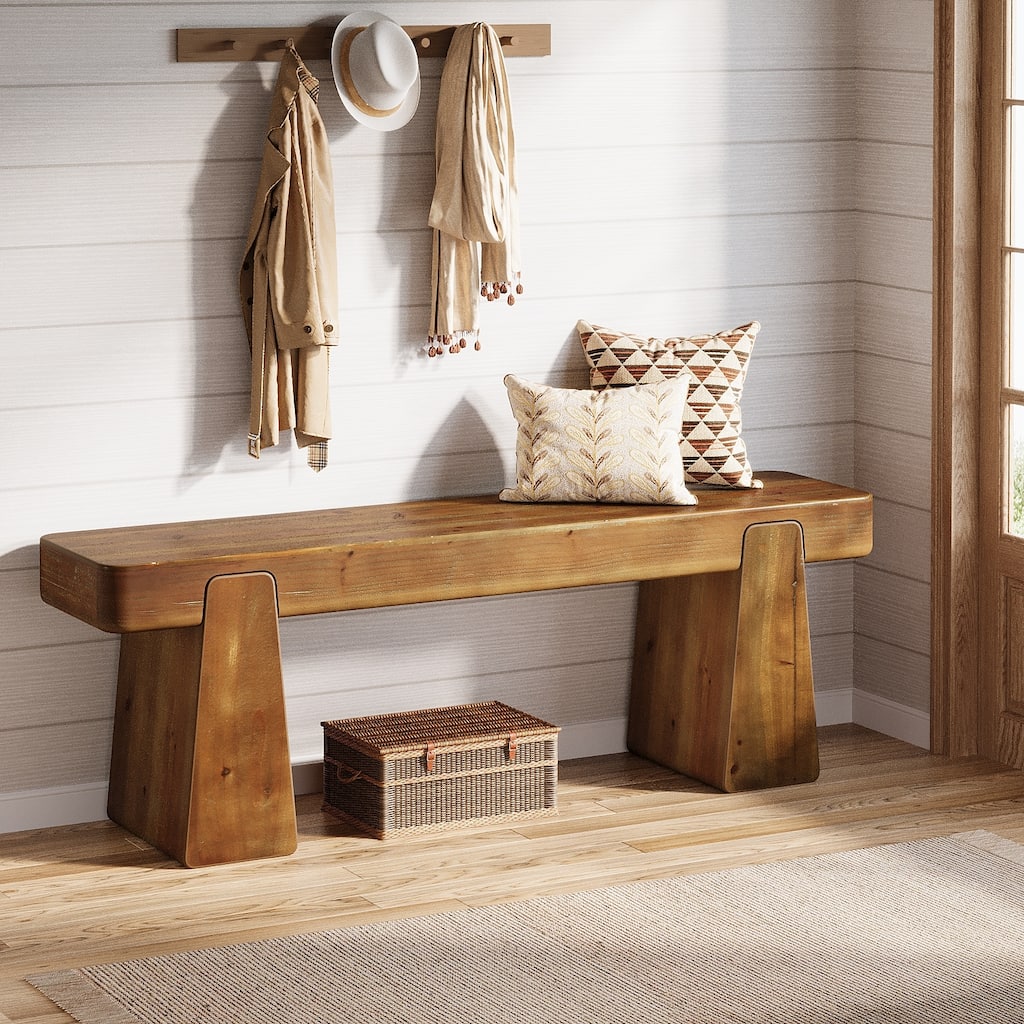 47 Inch Solid Wood Entryway Bench with Storage Shelf, 2 Tier Shoe Rack, Indoor Rustic Hallway Bench for Dining Room, Bedroom