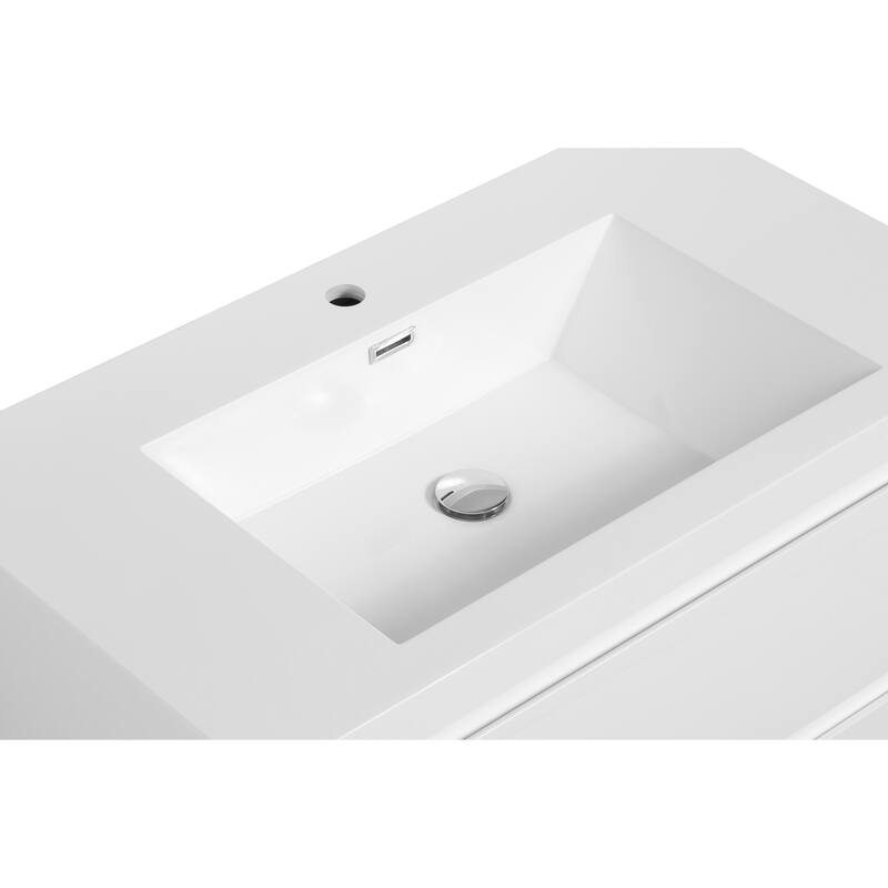 36" Wall-Mounted Floating Bathroom Vanity with Glossy White Resin Sink, Soft Close Drawers, Natural Oak Cabinet