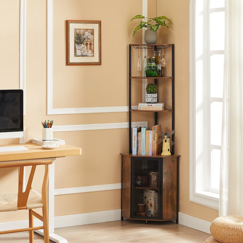 Javlergo 5-tier Wood Bookshelf Bookcase Display Corner Shelf with Storage and Glass Holder 63" Wine Bar
