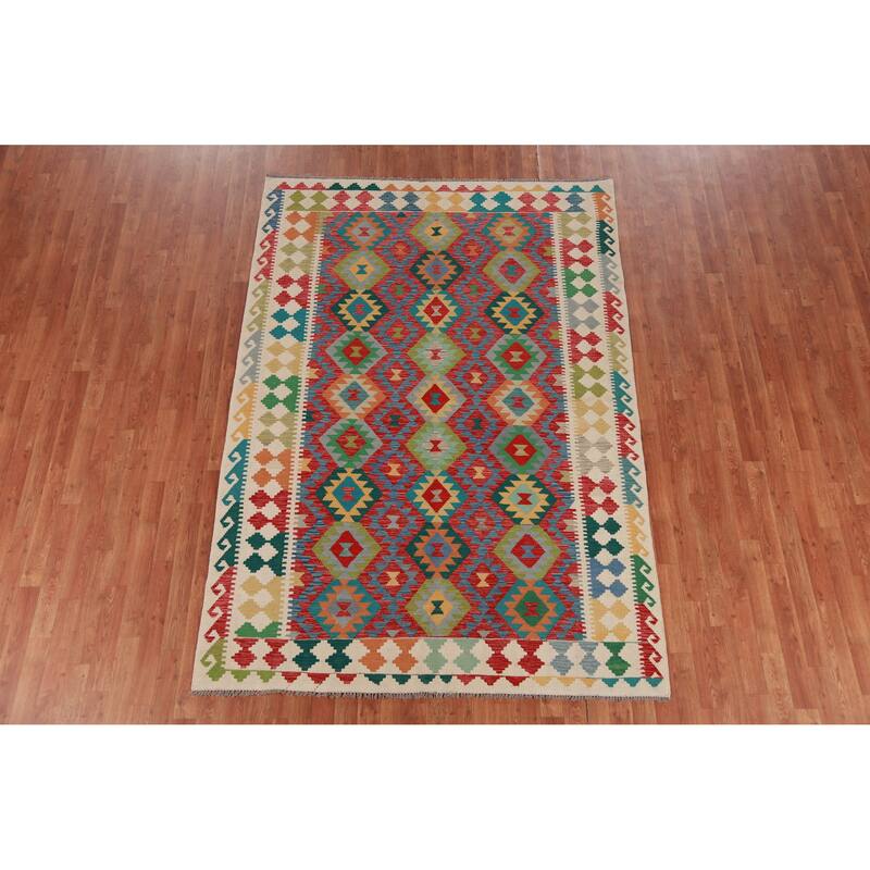 Hand Woven Oriental 100% Wool Carpet Southwestern Geometric Multi-Colored Kilim Area Rug - 8' 4'' X 5' 10''