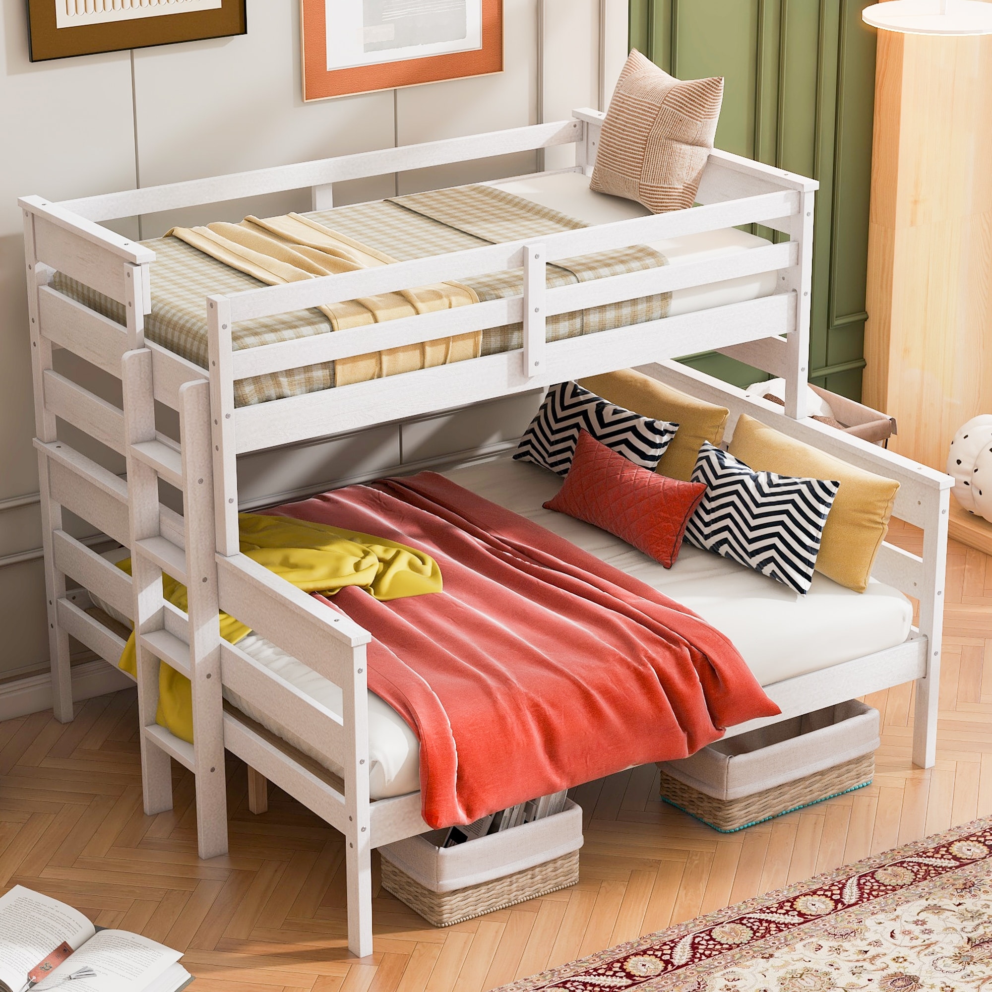 Wood Twin XL over Queen Bunk Bed with Ladder, White