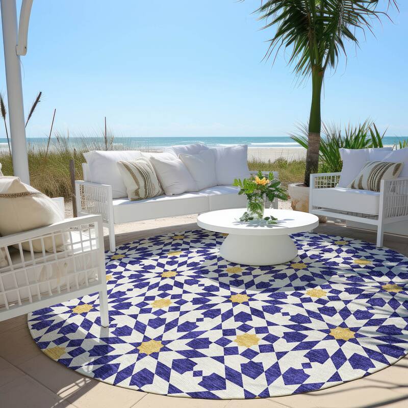 Machine Washable Indoor/ Outdoor Chantille Morrocan Boho Rug - Navy - 8' x 8'