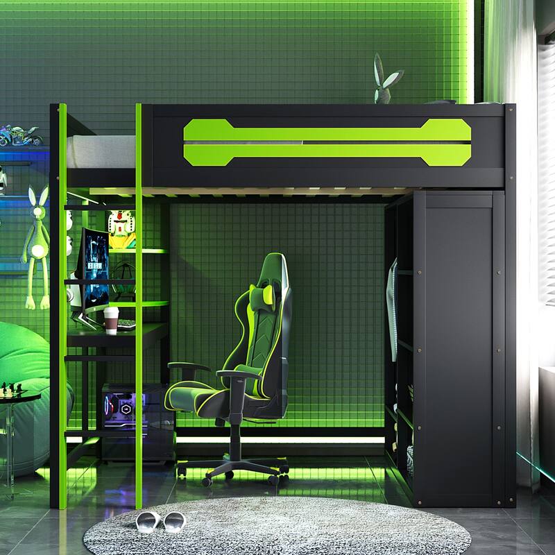 Full Wood Loft Bed with Desk, Open Wardrobe & RGB Lighting