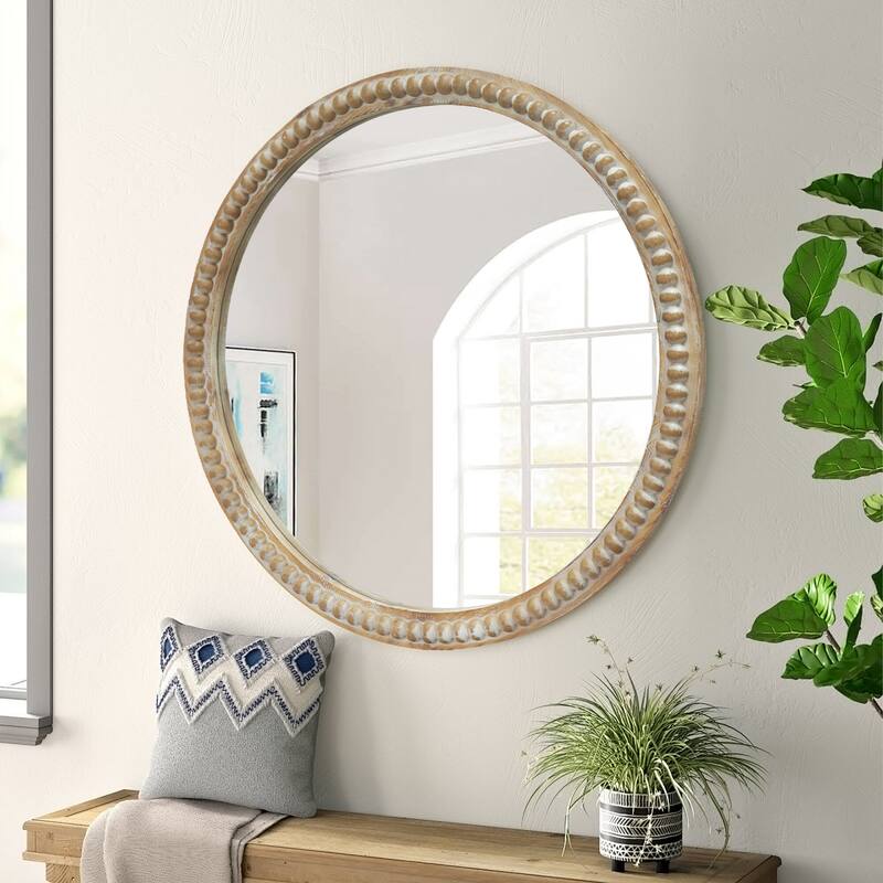 Round Decorative Wall Mirror, 27.5" Distressed Wood Beaded Frame Mirror for Entryway, Living Room, Bathroom - Natural Wood