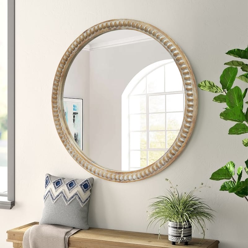 Round Decorative Wall Mirror, 35.43" Distressed Wood Beaded Frame Mirror for Entryway, Living Room, Bathroom - Natural Wood - Natural Wood