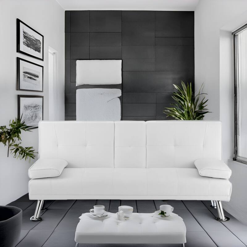 Convertible Futon Sofa Bed with Armrests & Cupholders - Faux Leather Reclining Couch for Small Spaces