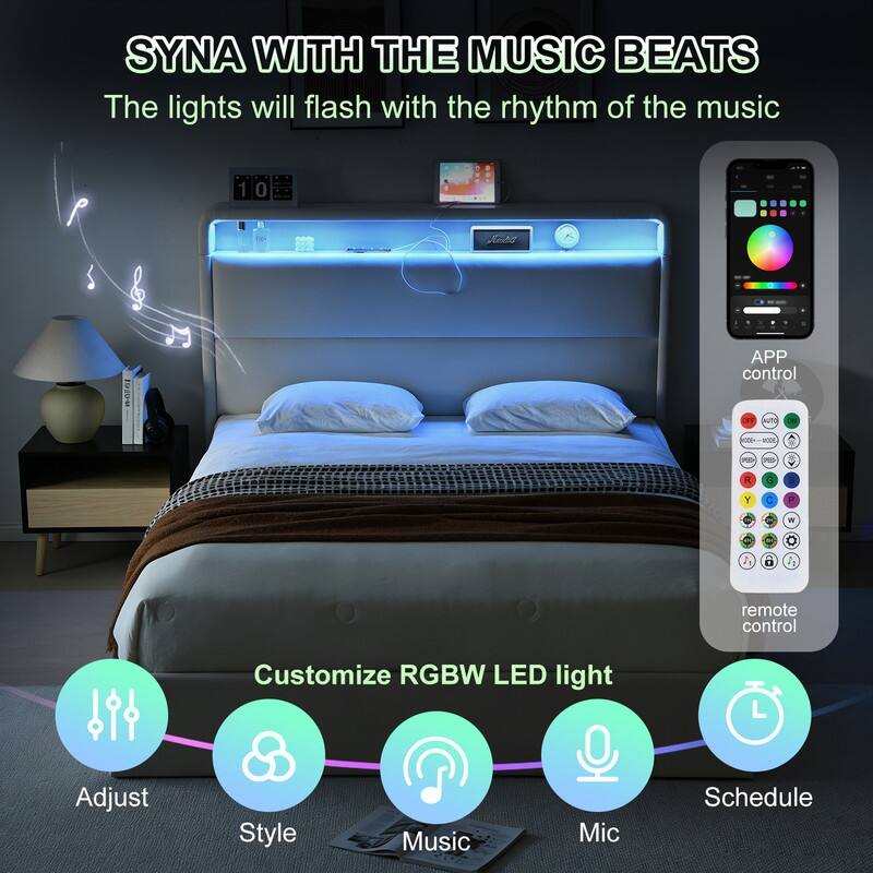 Upholstered Platform Bed With Charging Station & LED Lights