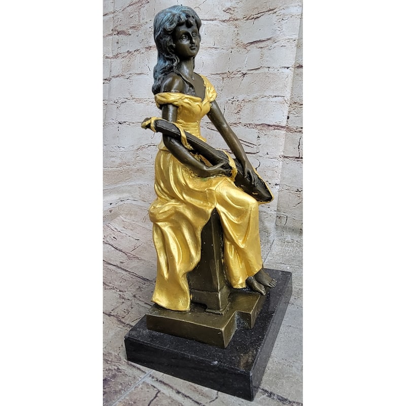 Vintage Banjo Playing Sitting Woman Sculpture Bronze Statue Figurine By Kossowski