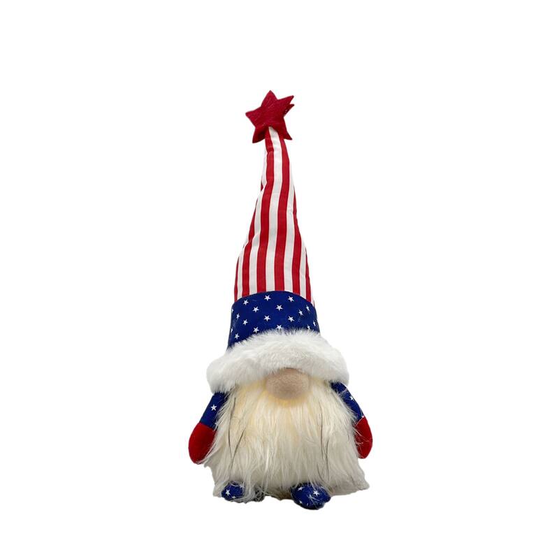 HomeRoots 14" Red White and Blue Fabric Standing Gnome Tabletop Sculpture With LED - 4.3' X '14' X '5.12